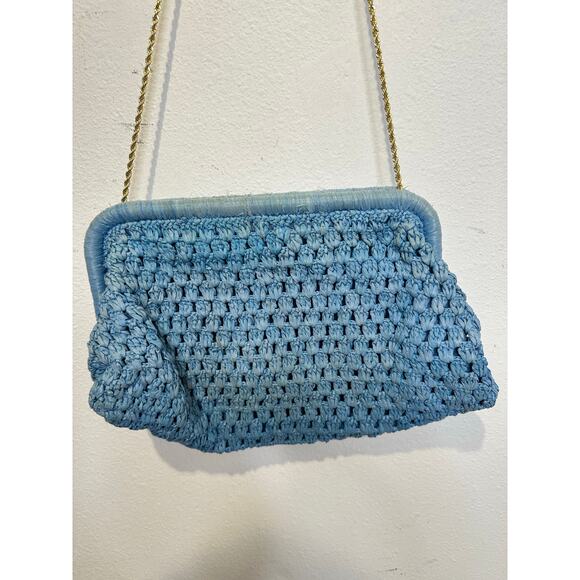 LOEFFLER RANDALL Light Blue Crochet Trudie Frame Gold Chain Clutch Purse Bag - Picture 10 of 16